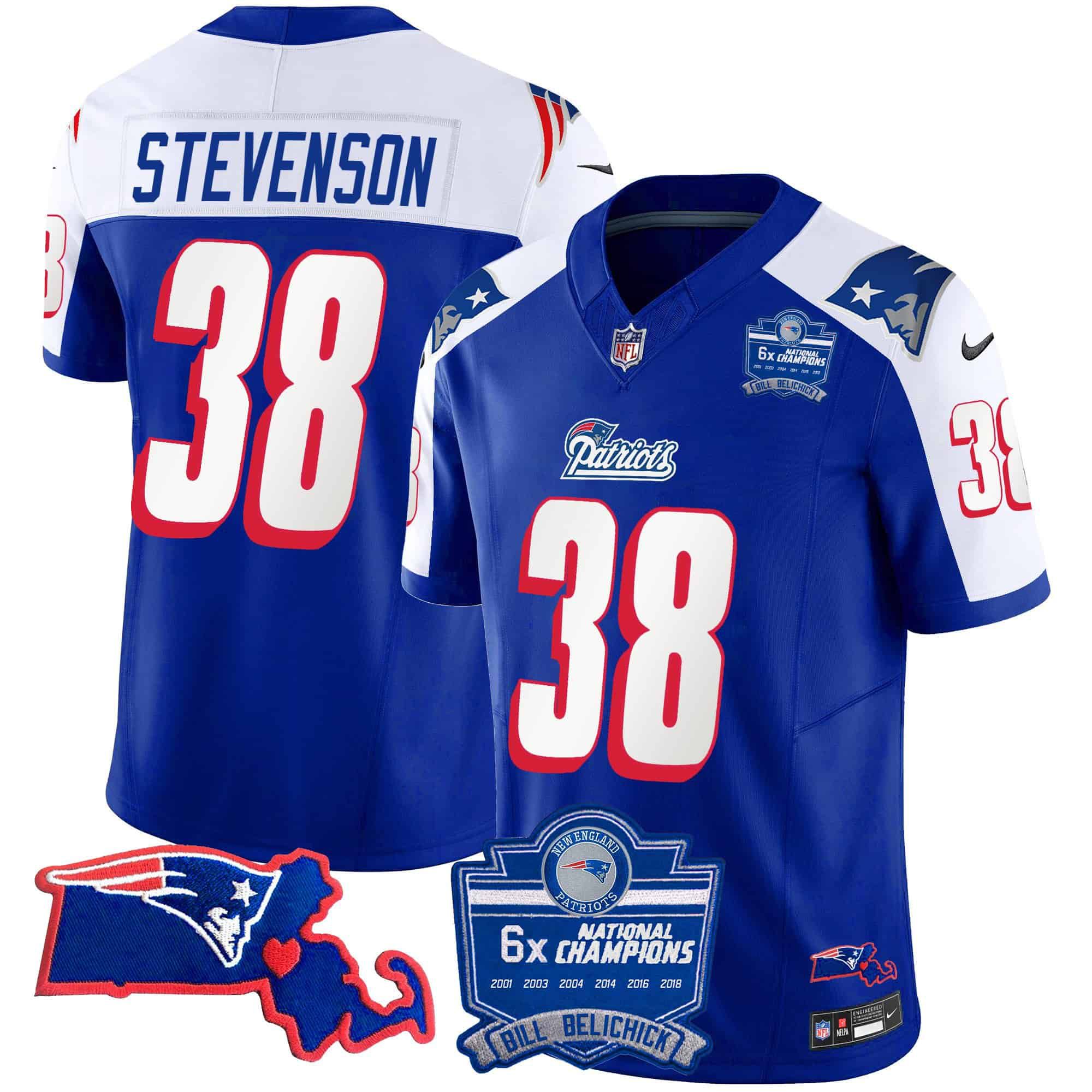 Men New England Patriots 38 Stevenson Blue 2024 Nike 6x Champions Patch Vapor Limited NFL Jersey